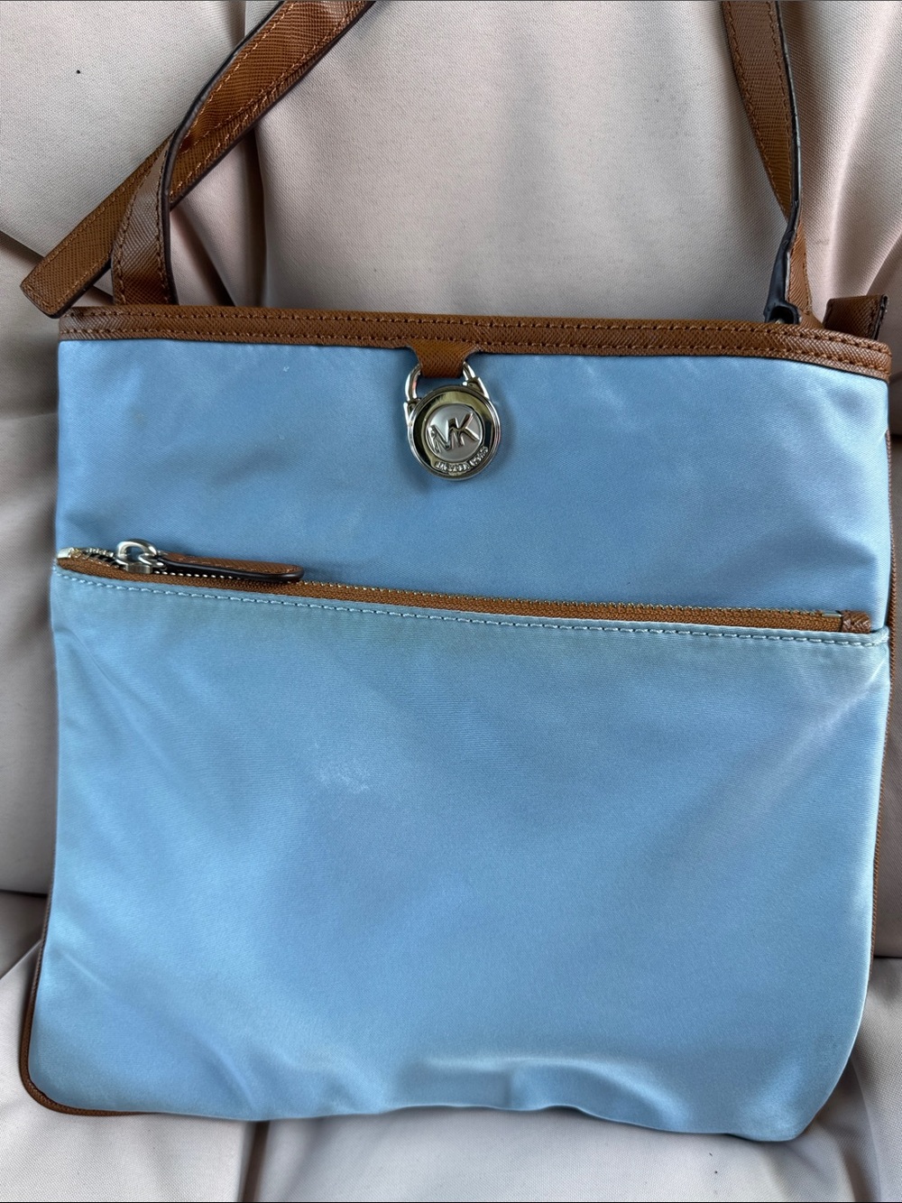 Michael Kors Light Blue and Brown Leather-Trim Crossbody Bag